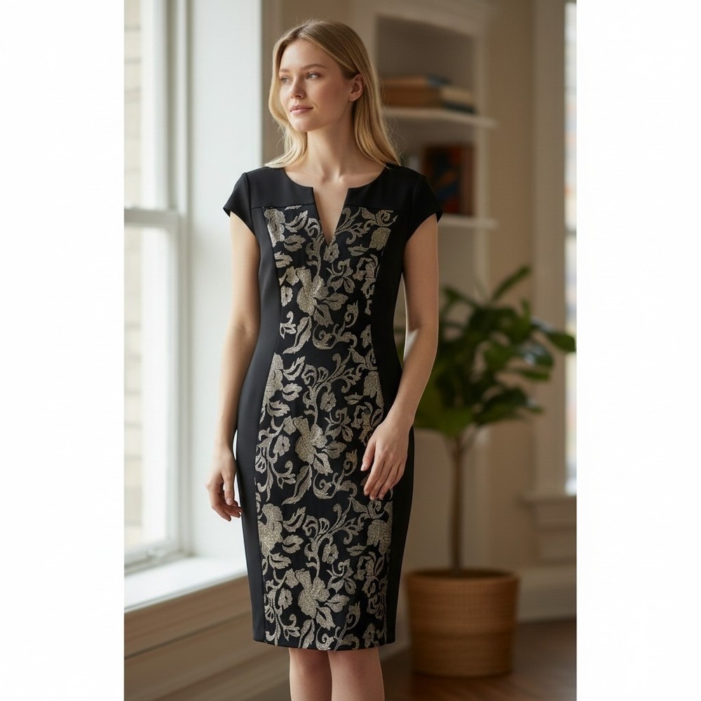 Connected Apparel NWT  Black Gold Floral‎ Brocade Sheath Dress w/ V-Neck Size 12